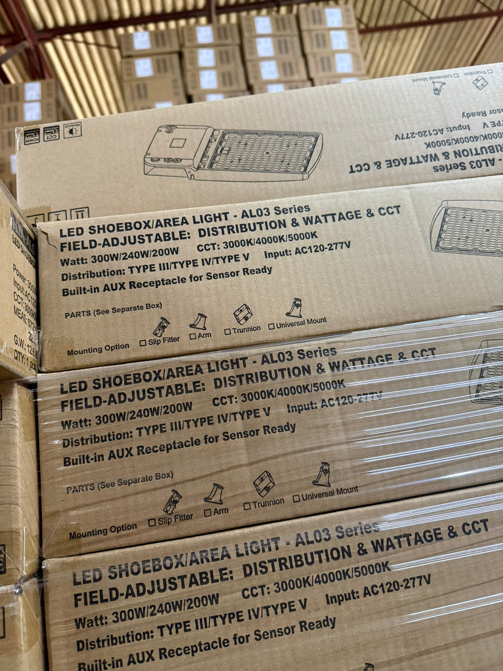 LED Area/Shoebox Light AL03 Series/300W-240W-200W Selectable/ 3000-4000-5000K Selectable /120-277V/ Type III-Type IV-Type V Selectable/ Photocell Pre-Installed/ DLC Premium