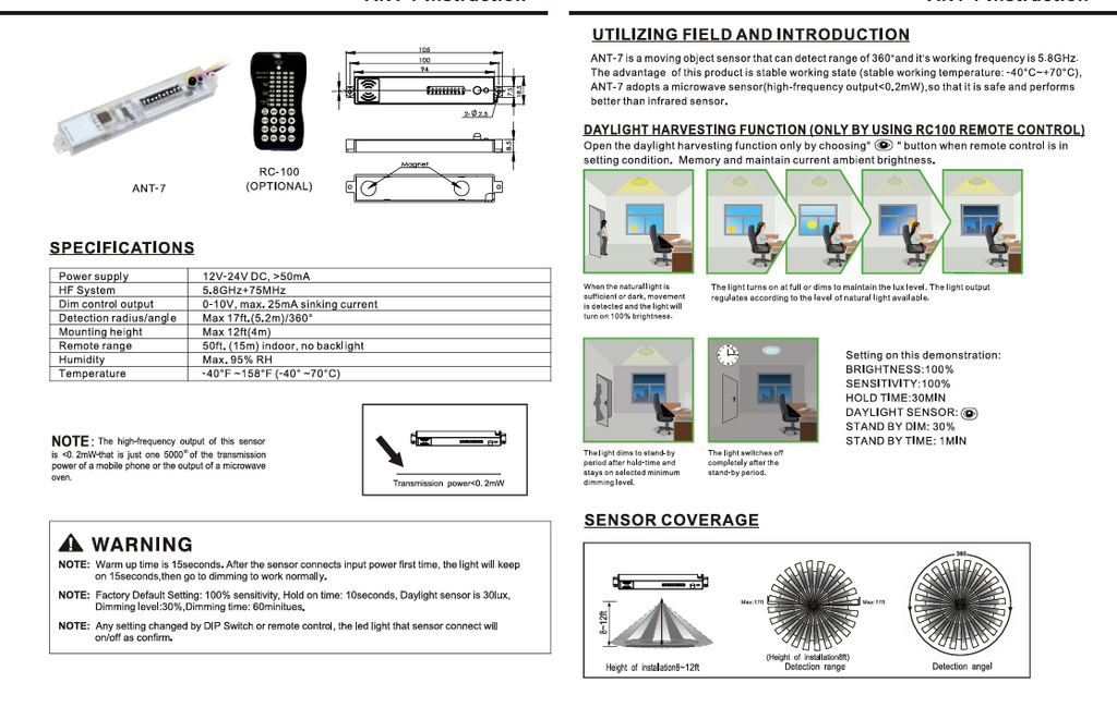 Motion Sensor: ANT-7/ 12-24V/ IP20/ Microwave/ 0-10V Dim/ For Troffer