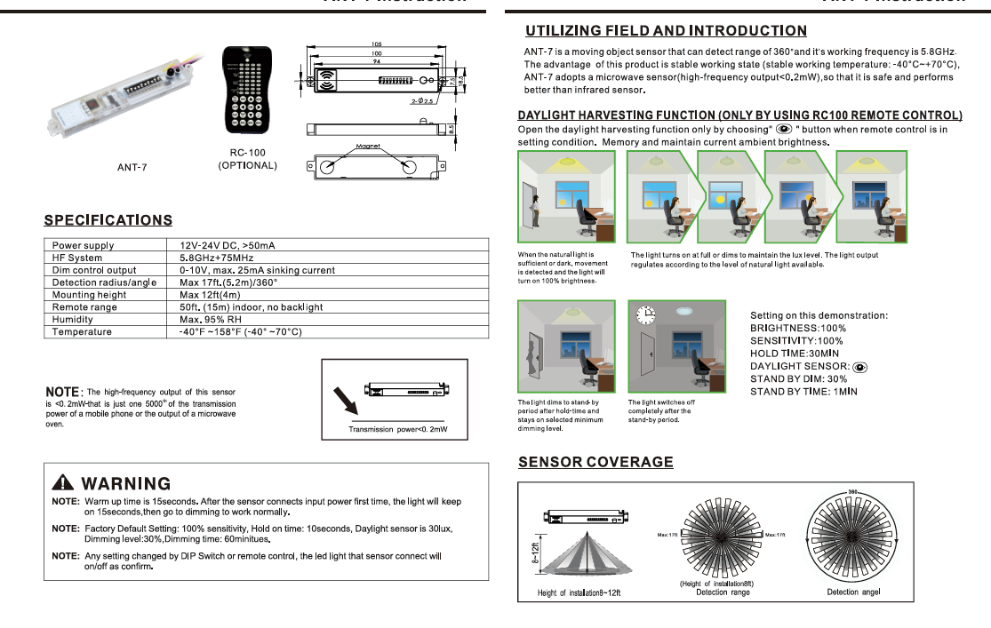 Motion Sensor: ANT-7/ 12-24V/ IP20/ Microwave/ 0-10V Dim/ For Troffer