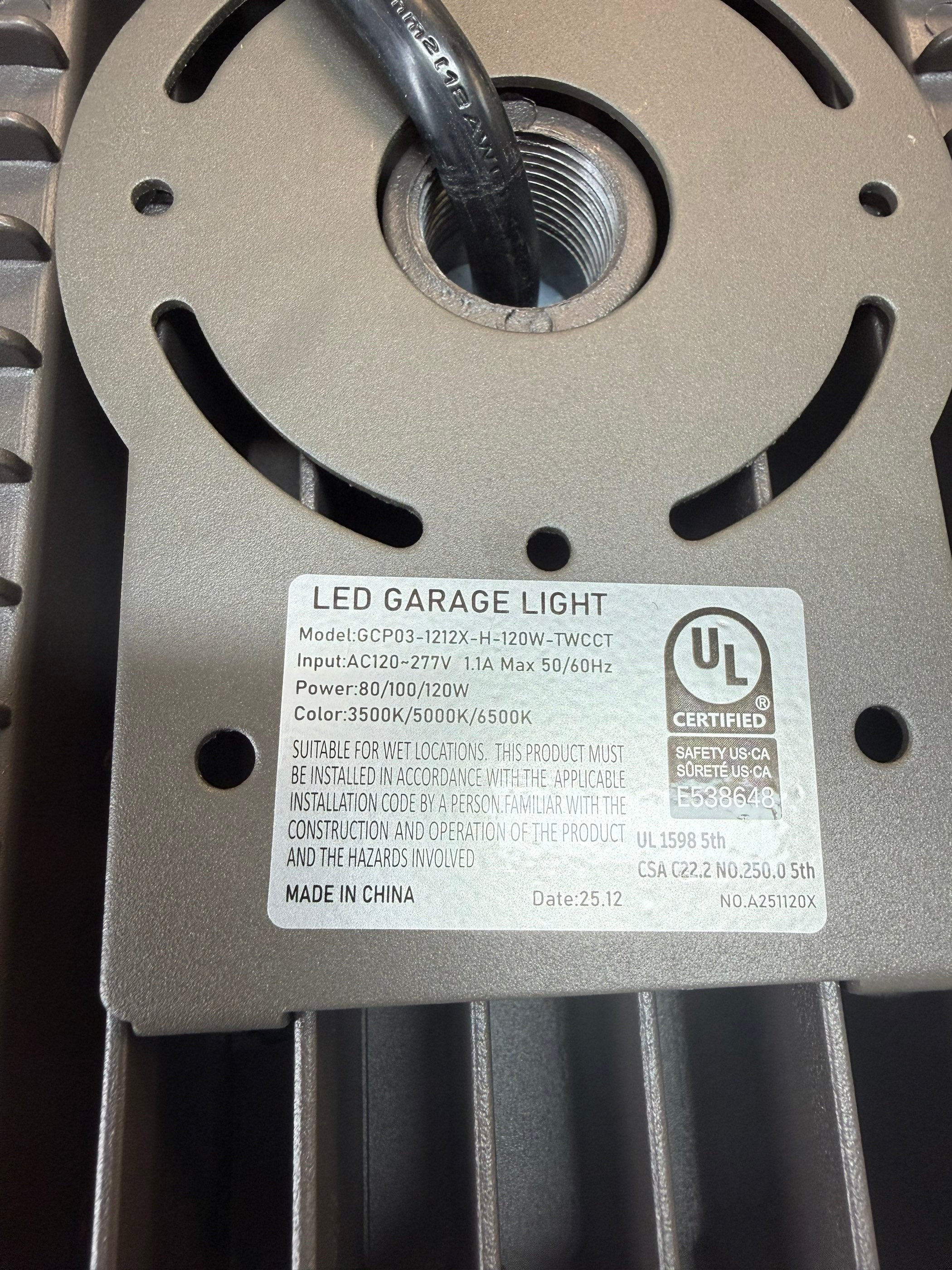 LED Garage Canopy 120-100-80W Selectable/ 3500-5000-6500K Selectable/120-277V/ WIth Sensor Base