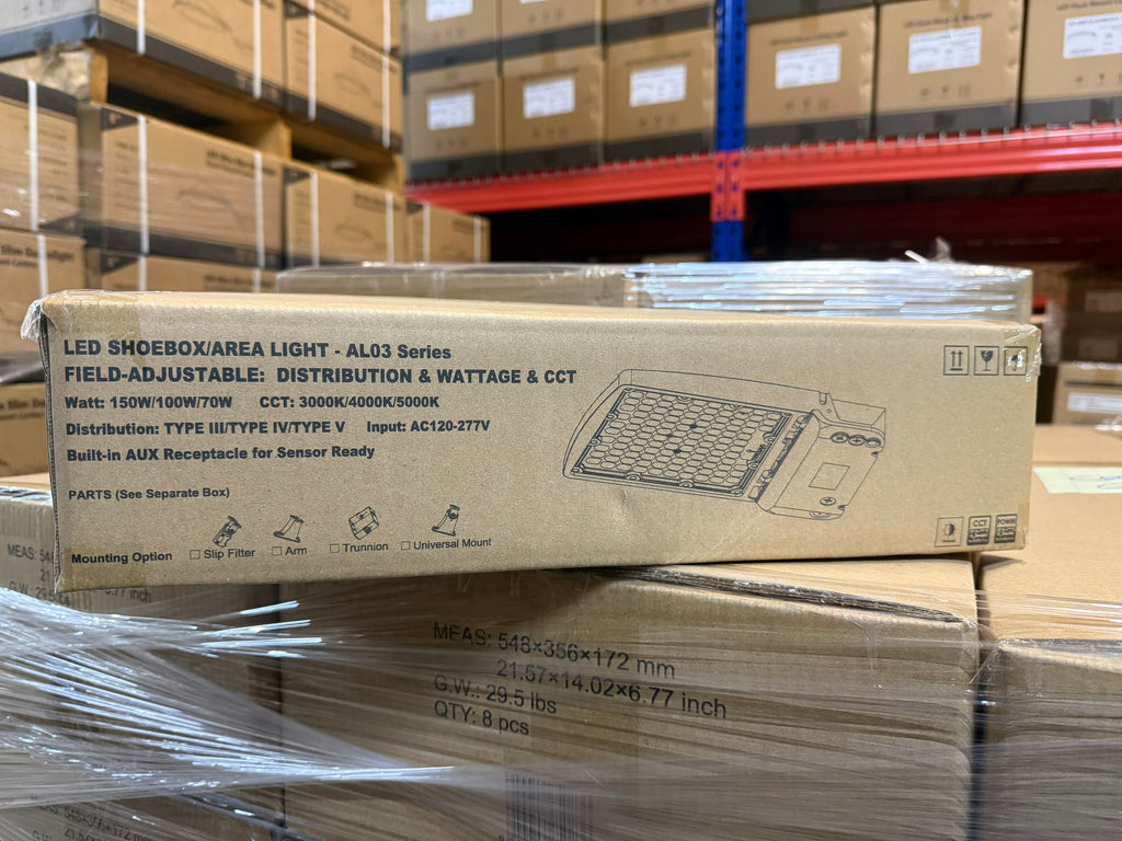 LED Area/Shoebox Light AL03 Series/150-100-70W Selectable/ 3000-4000-5000K Selectable /120-277V/ Type III-Type IV-Type V Selectable/ Photocell Pre-Installed/ DLC Premium