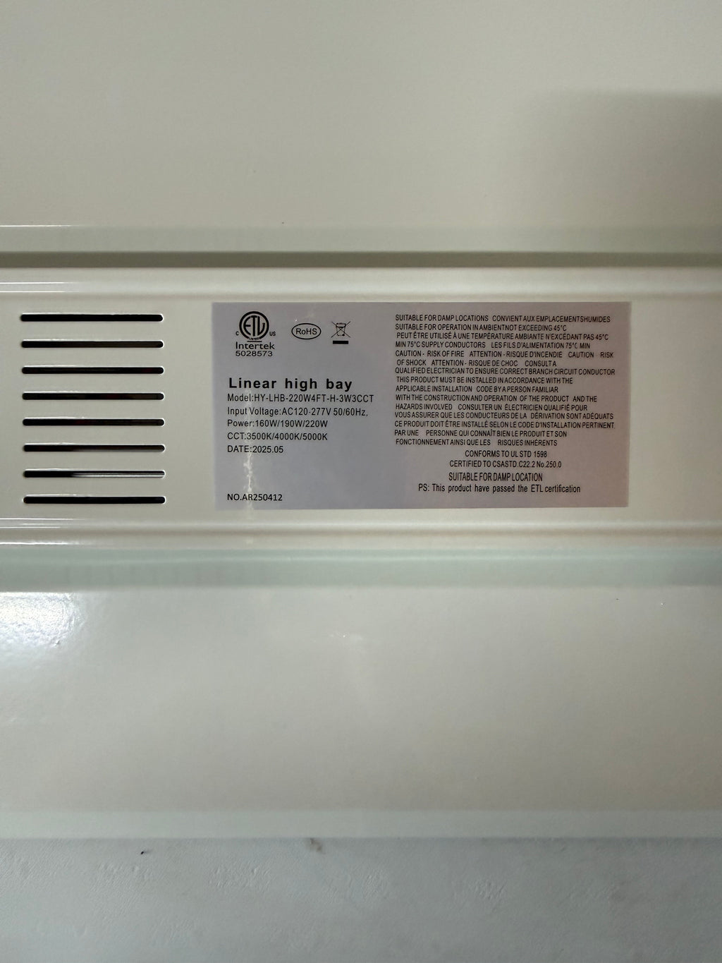 LED Linear High High Bay 220W 4FT 3500K-4000K-5000K Selectable