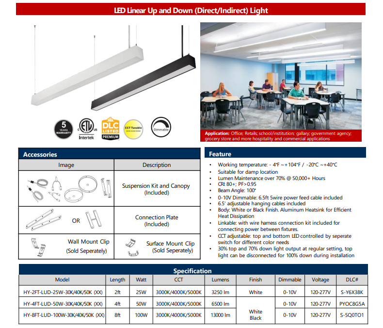 LED Suspended Up and Down Linear Light 4FT-LUD-50W-30K/40K/50K (WH)