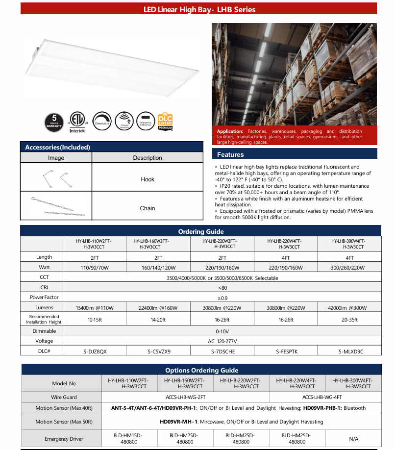 LED Linear High High Bay 300W Selectable 4FT 3500K 6500K Selectable