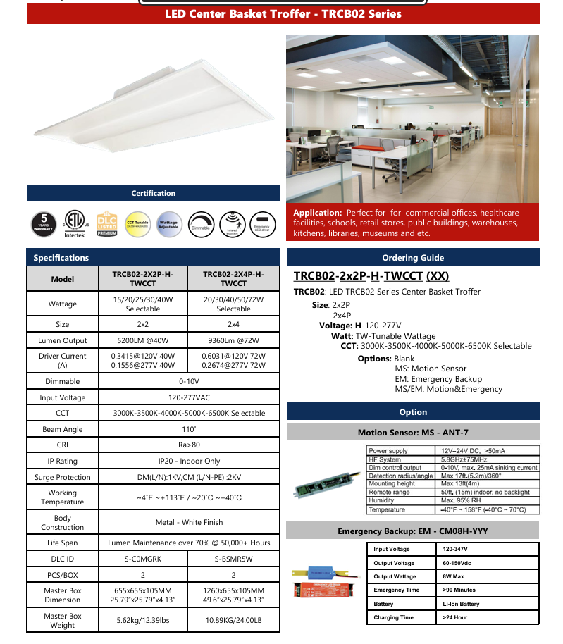 LED Troffer Center Basket TRCB02 Series 2x2/ Watt Adjustable(15/20/25/30/40W)/ CCT Tunable (3000/3500/4000/5000/6500K)