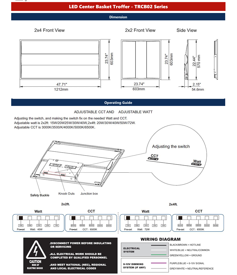 LED Troffer Center Basket TRCB02 Series 2x2/ Watt Adjustable(15/20/25/30/40W)/ CCT Tunable (3000/3500/4000/5000/6500K)