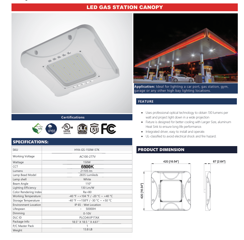 LED GAS STATION CANOPY 150W 6500K 120-277V