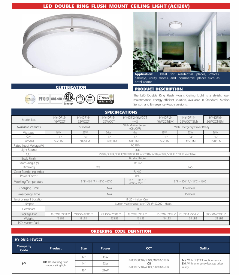 LED Flush Mount Ceiling Light Double Ring Style/14"/22W/5CCT Selectable/ DR14-22W-CCT (14")
