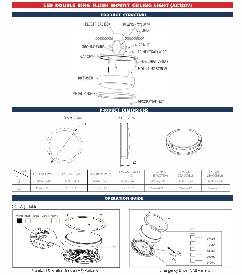 LED Flush Mount Ceiling Light Double Ring Style/14"/22W/5CCT Selectable/ DR14-22W-CCT (14")