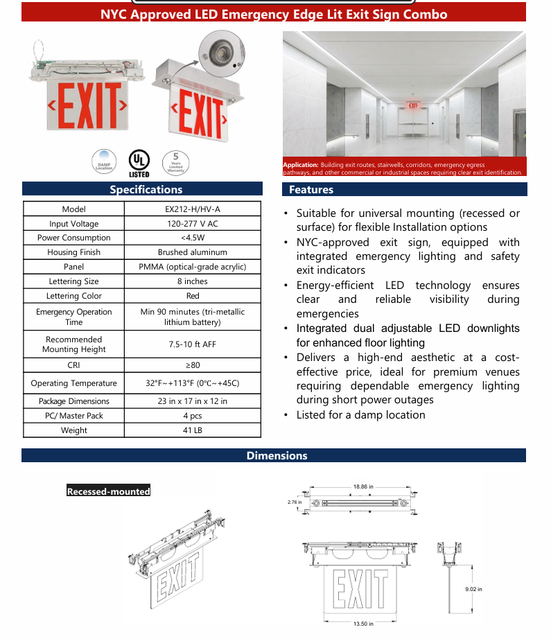 LED Emergency Lights/ Univerasl Mount/ 120-277V/ NYC Approved Metal Housing EX212-H/HV-B