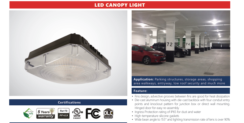 LED Garage Canopy 120-100-80W Selectable/ 3500-5000-6500K Selectable/120-277V/ WIth Sensor Base