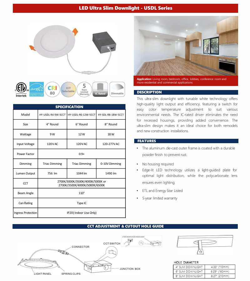 LED Canless Recessed Ultra Slim Downlights Round/4" /9W / 5 CCT Tunable (27K/35K/40K/50K/65K)