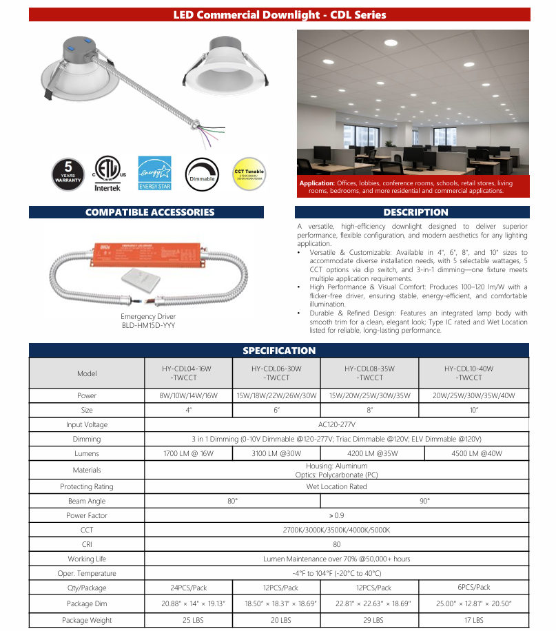 LED Commercial Downlight-CDL Series 6"/ 15W-18W-22W-26W-30W Selectable/ 2700-3000-3500-4000-5000K/ 3100LM