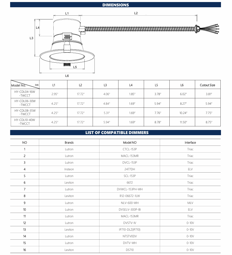 LED Commercial Downlight-CDL Series 6"/ 15W-18W-22W-26W-30W Selectable/ 2700-3000-3500-4000-5000K/ 3100LM